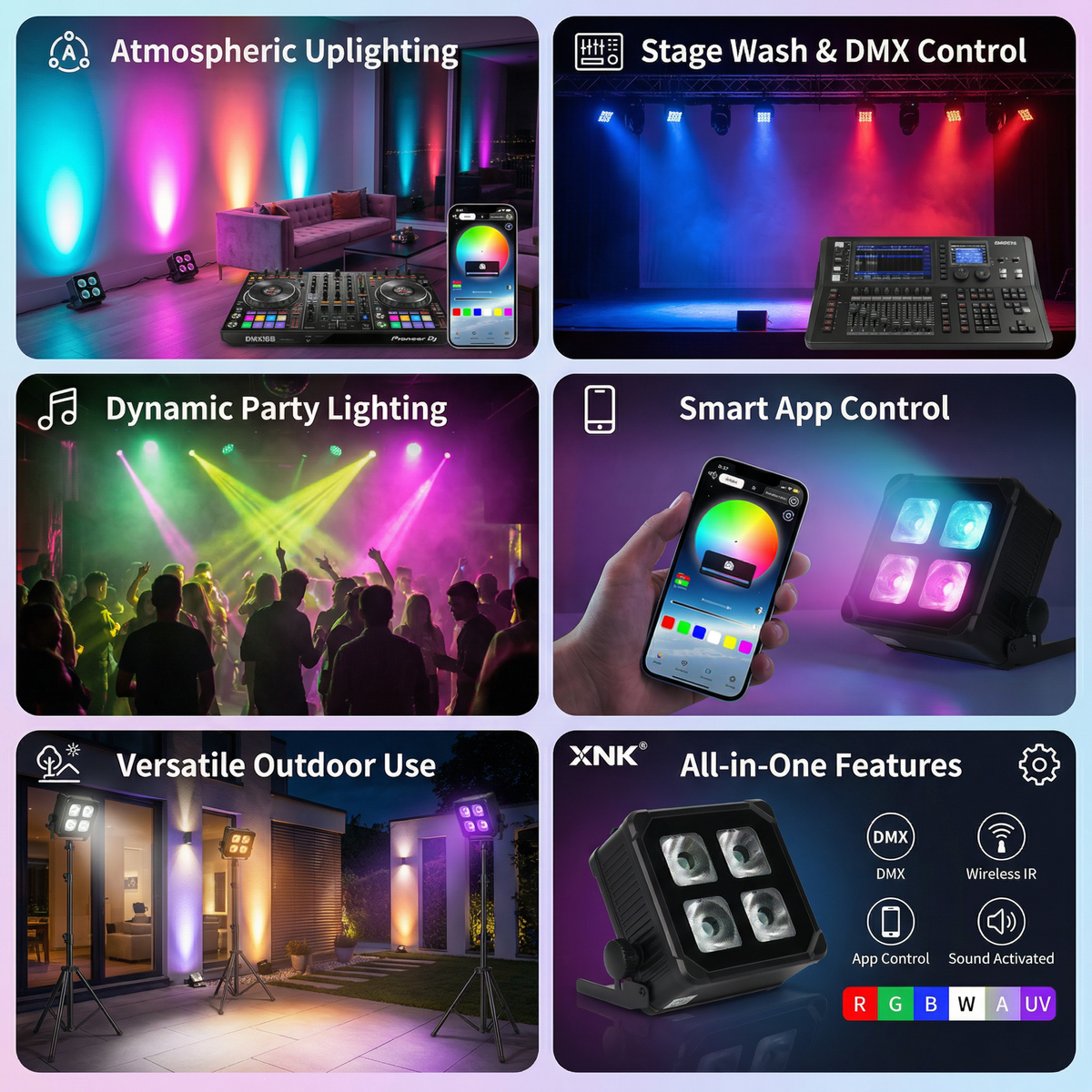 XNK SPL-648 waterproof 4x15w led battery light with multicolor lighting effect