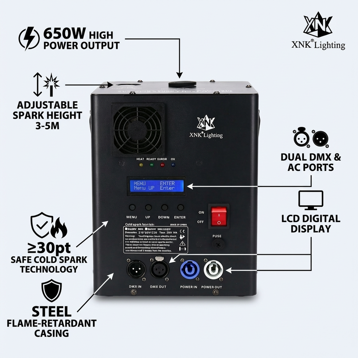 XNK SPL-667 Cold spark machine with metal housing and control panel detail