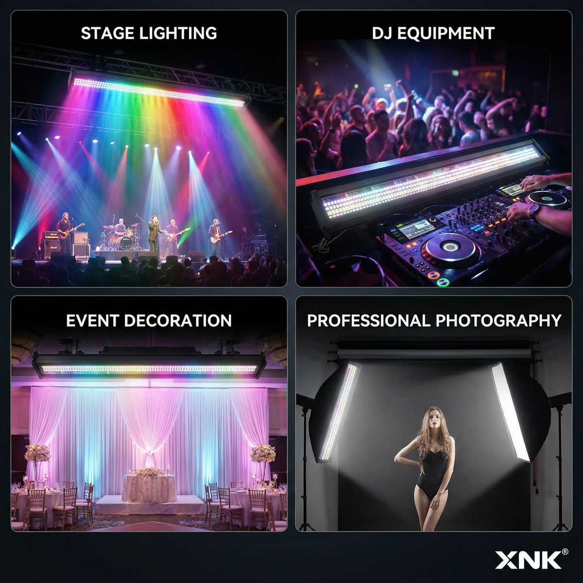 XNK SPL-624 WATERPROOF STROBE BAR with black housing, metal housing, and for stage and event lighting