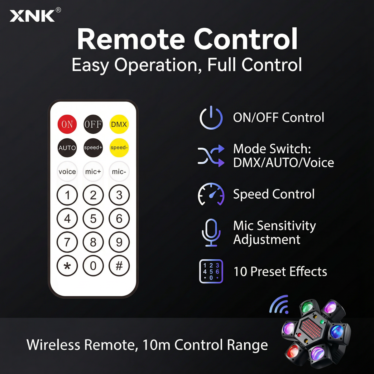XNK SPL-501 Moving HeadSPL-501moving head stage light, featuring product structure view, blackmetal housing与multi-effect design