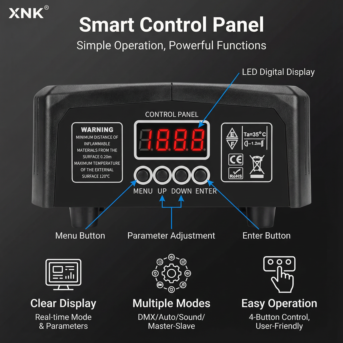 XNK SPL-501 Moving HeadSPL-501moving head stage light, featuring product structure view, 专业stage lighting fixture, black外壳和multifunction control panel