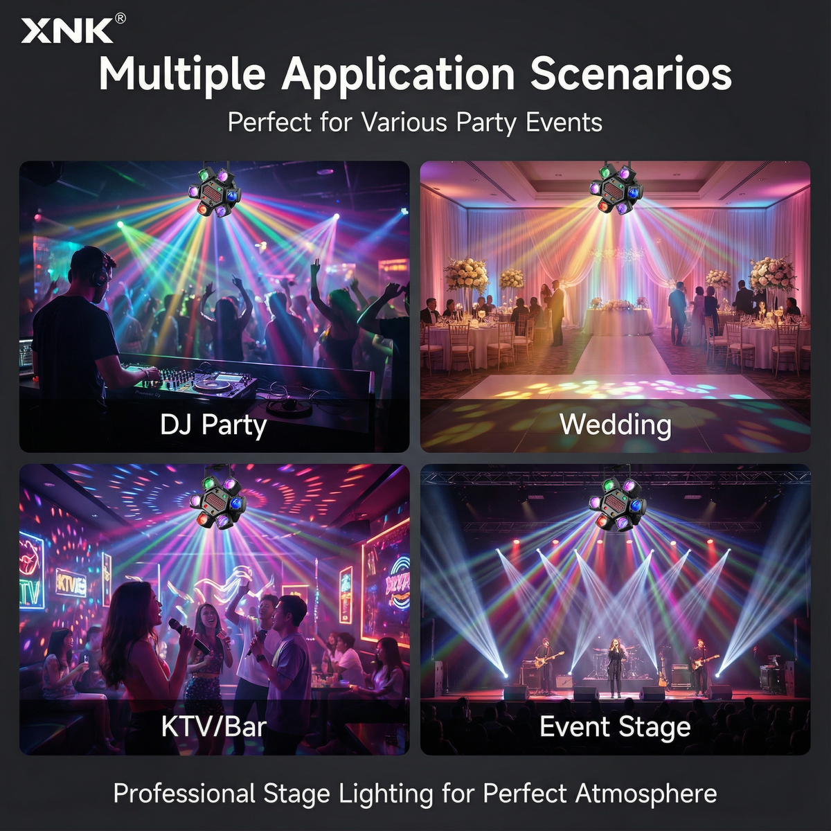 XNK SPL-501 Moving HeadSPL-501moving head stage light, whitemounting bracket和fixture body, showing multicolor lighting effect, for and event