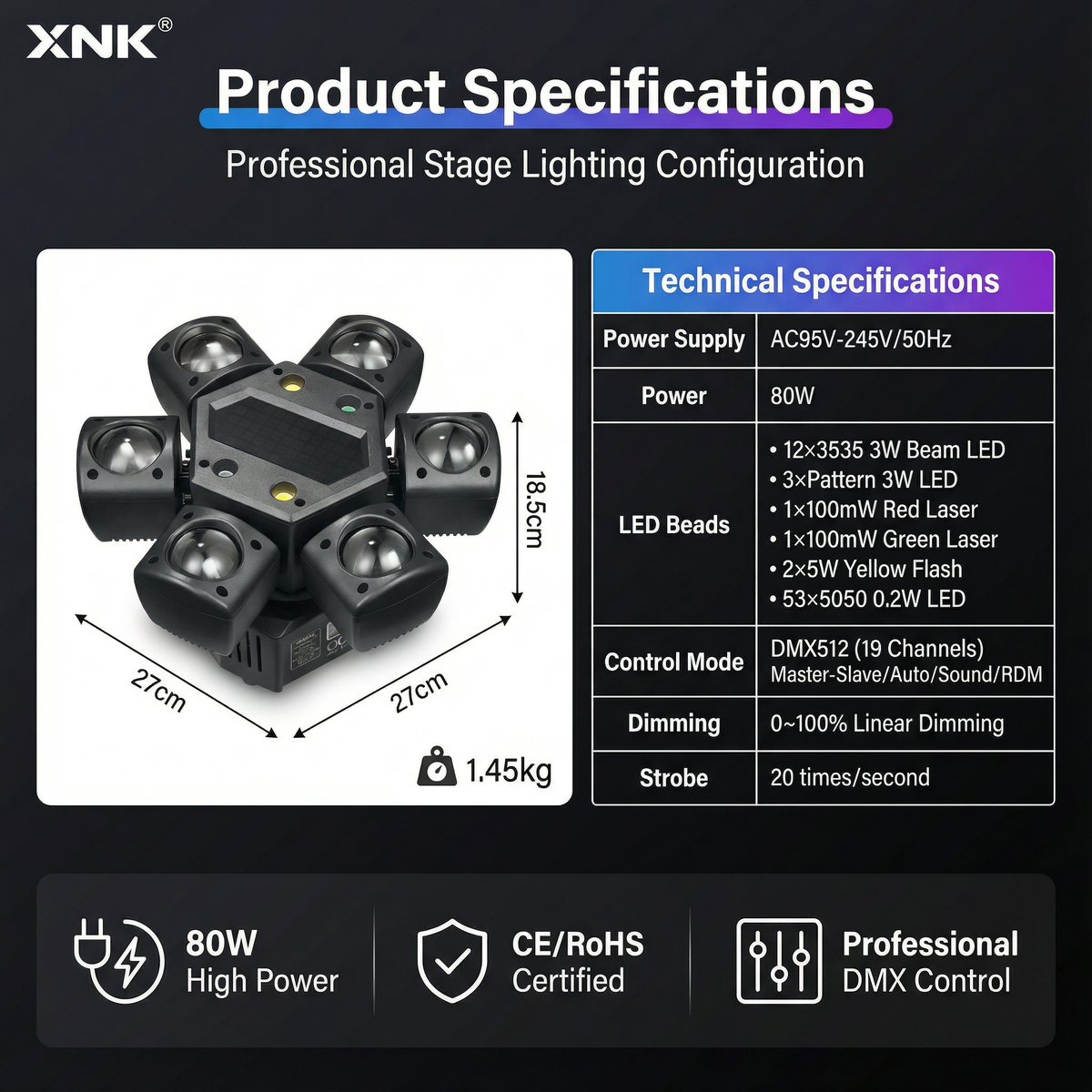 XNK SPL-501 Moving HeadSPL-501moving head stage light, featuring multi-angle rotation and positioning, for event lighting